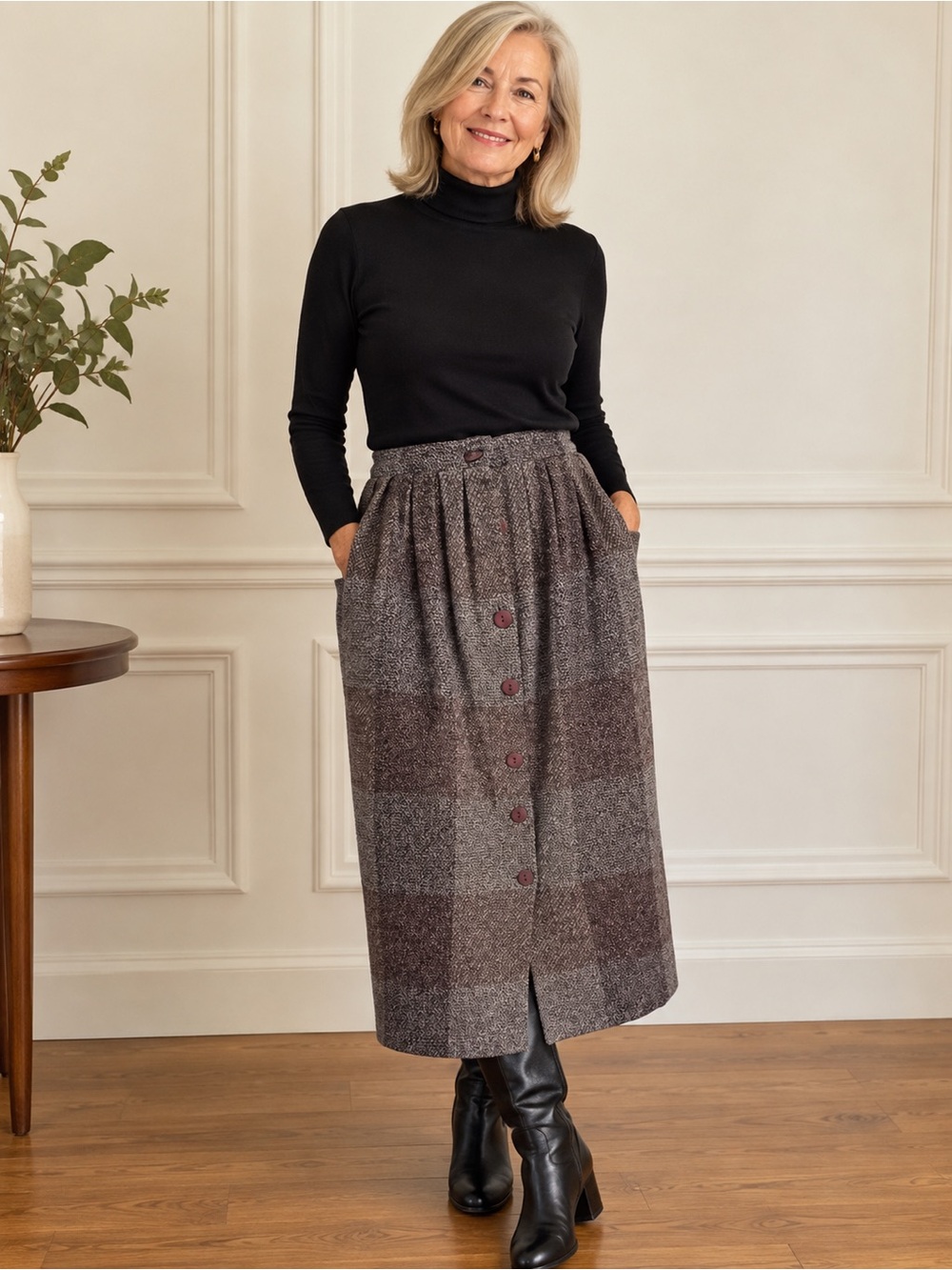 Vintage Pleated Tweed Midi Skirt Button Front Oversized Pockets
